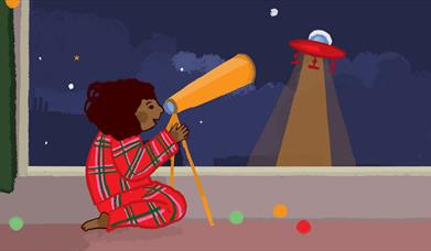 Artwork of little girl in Pj's looking out window through calidescope at a spaceship.