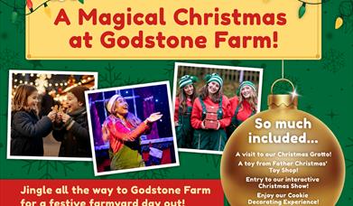 There are photos of elves and families enjoying Christmas, there are also baubles as decoration and writing telling you to enjoy a magical Christmas a