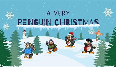 A graphic illustration of a snowy scene with green fir trees and a number of penguins. There is a banner at the top that says 'A Very Penguin Christma
