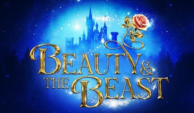 Beauty and the Beast in gold lettering in front of an image of a gothic cast and a golden rose with a blue background