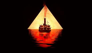 Poster of ship sailing in to sunset - orange water - yellow skies