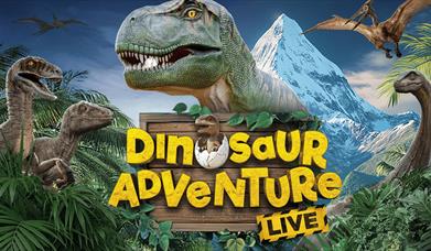 Dinosaurs with mountain behind