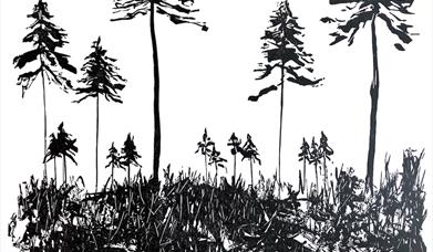 Black and white linocut of near and distant pine trees