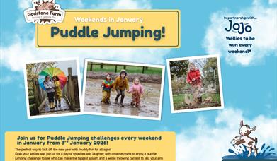 Photos of children having fun jumping in puddles. The chldren are wearing coats and wellington boots and are all smiling. Two children in one photo ar