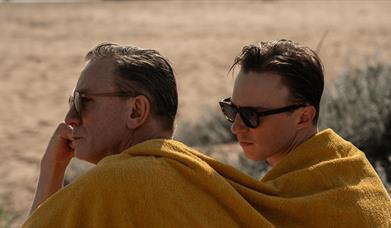 Daniel Craig and Daan De Wit sit outside in a field with black sunglasses under a yellow towel