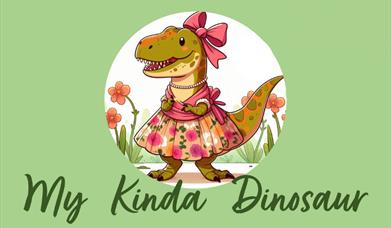Girl Dinosaur smiling, dressed with a dress on flowers.