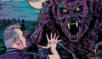 A cartoon of Stewart Lee facing up to a wolf in a graveyard