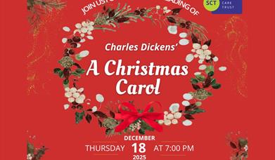 Festive wreath with text: A Dramatic Reading: Charles Dickens' A Christmas Carol