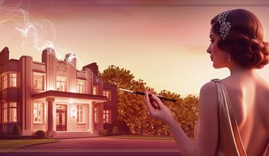 Elegantly dressed woman, holding cigarette in holder, infront of a mansion