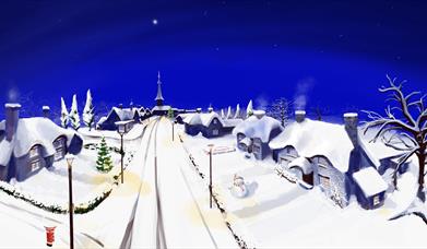 Father Christmas infront of chimney looking happy.