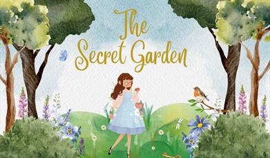 A graphic of a young girl in a woodland setting with the words 'The Secret Garden'.