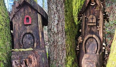 A collage of two images of wooden fairy houses sitting in tree branches.
