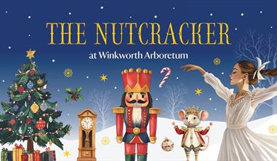 A graphic promoting The Nutcracker at Winkworth Arboretum features a Nutcracker soldier, baller dancer, grandfather clock on a dark blue background